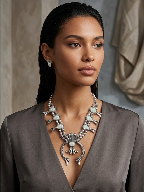 Source Unknown Jewelry - Boho Silver Tone Opal Look Necklace and Earrings Costume Jewelry Silver & White